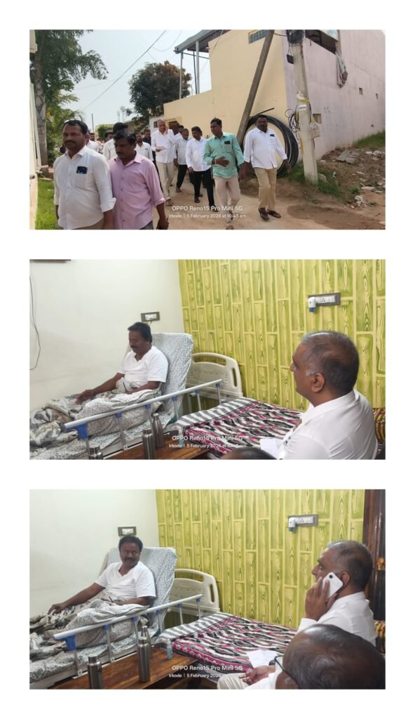 మాజీ ఎంపిటీసీ బీఆర్ఎస్ నాయకులు&nbsp; చిట్యాల సత్యనారాయణ గౌడ్‌ను పరామర్శించిన ఎమ్మెల్యే హరీష్ రావు.